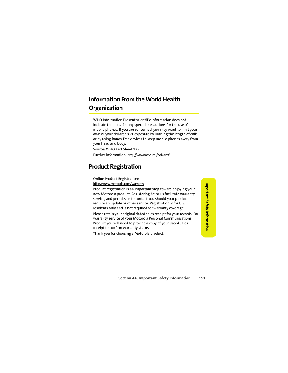 Information from the world health organization, Product registration | Sprint Nextel MOTOKRZR K1M User Manual | Page 207 / 223