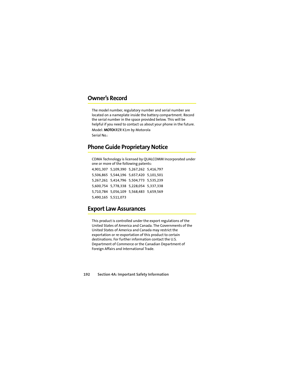Owner’s record, Phone guide proprietary notice, Export law assurances | Sprint Nextel MOTOKRZR K1M User Manual | Page 208 / 223