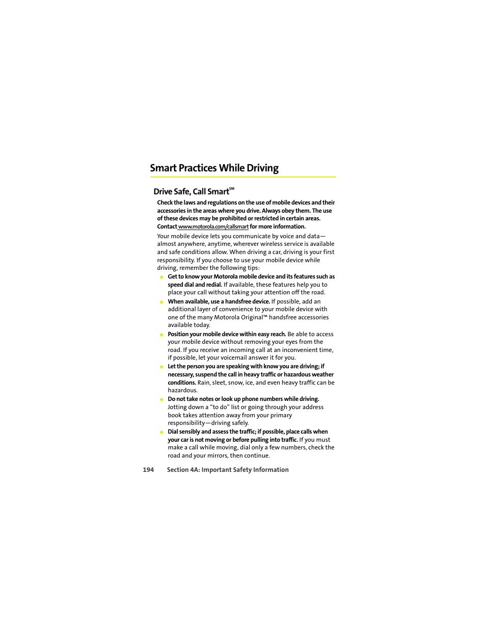 Smart practices while driving, Drive safe, call smartsm, Drive safe, call smart | Sprint Nextel MOTOKRZR K1M User Manual | Page 210 / 223