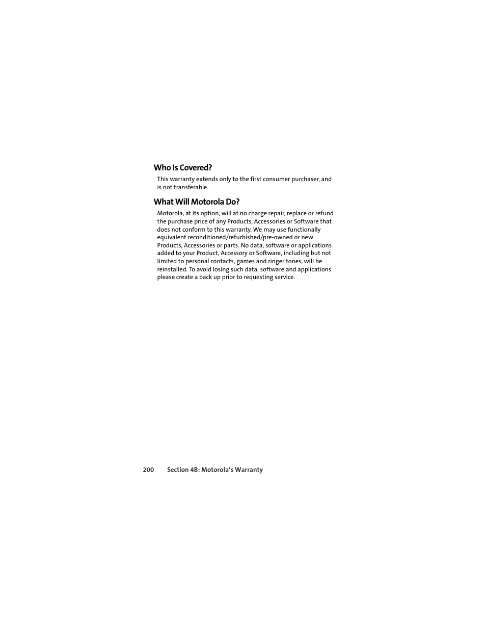 Who is covered, What will motorola do | Sprint Nextel MOTOKRZR K1M User Manual | Page 216 / 223
