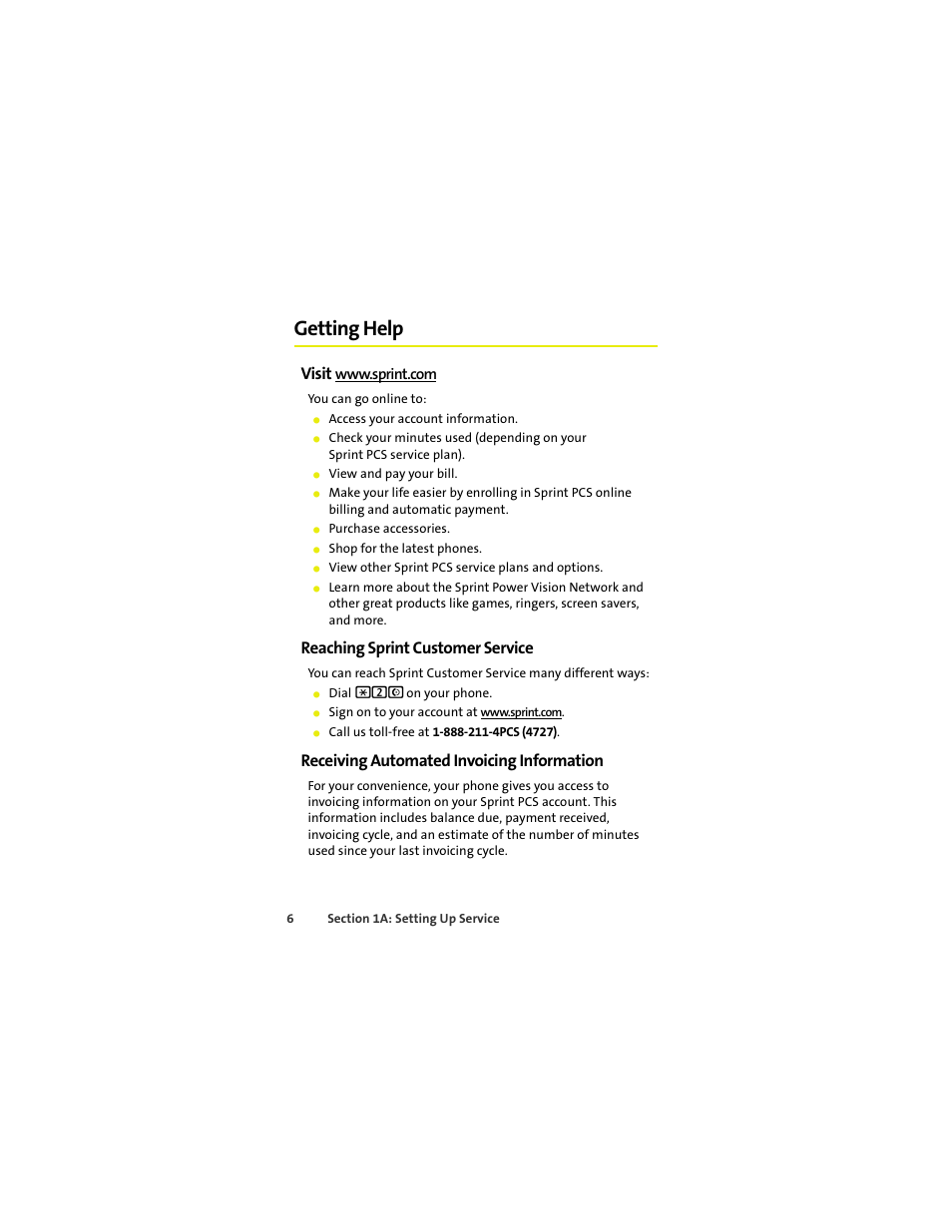 Getting help, Visit www.sprint.com, Reaching sprint customer service | Receiving automated invoicing information, Visit | Sprint Nextel MOTOKRZR K1M User Manual | Page 22 / 223