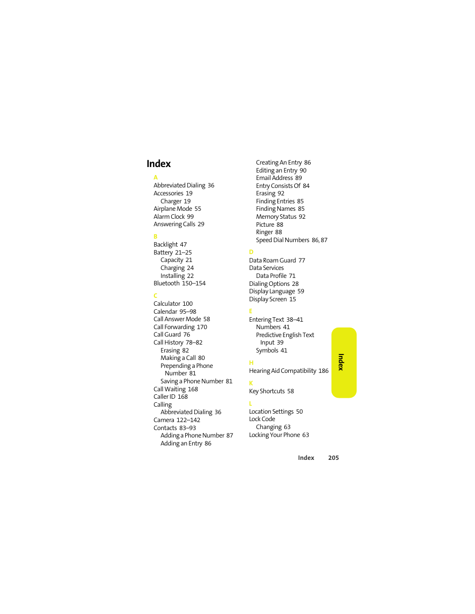 Index | Sprint Nextel MOTOKRZR K1M User Manual | Page 221 / 223