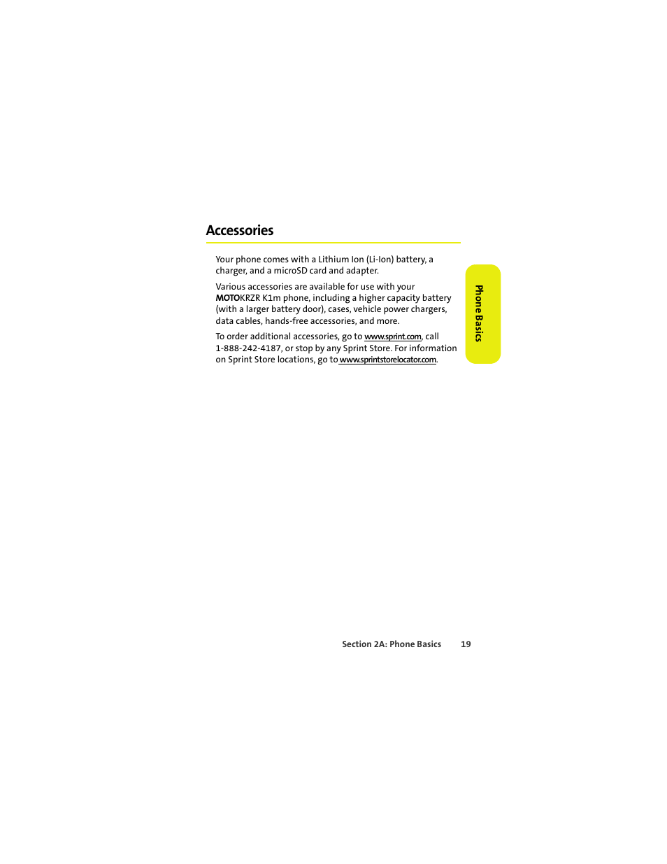 Accessories | Sprint Nextel MOTOKRZR K1M User Manual | Page 35 / 223