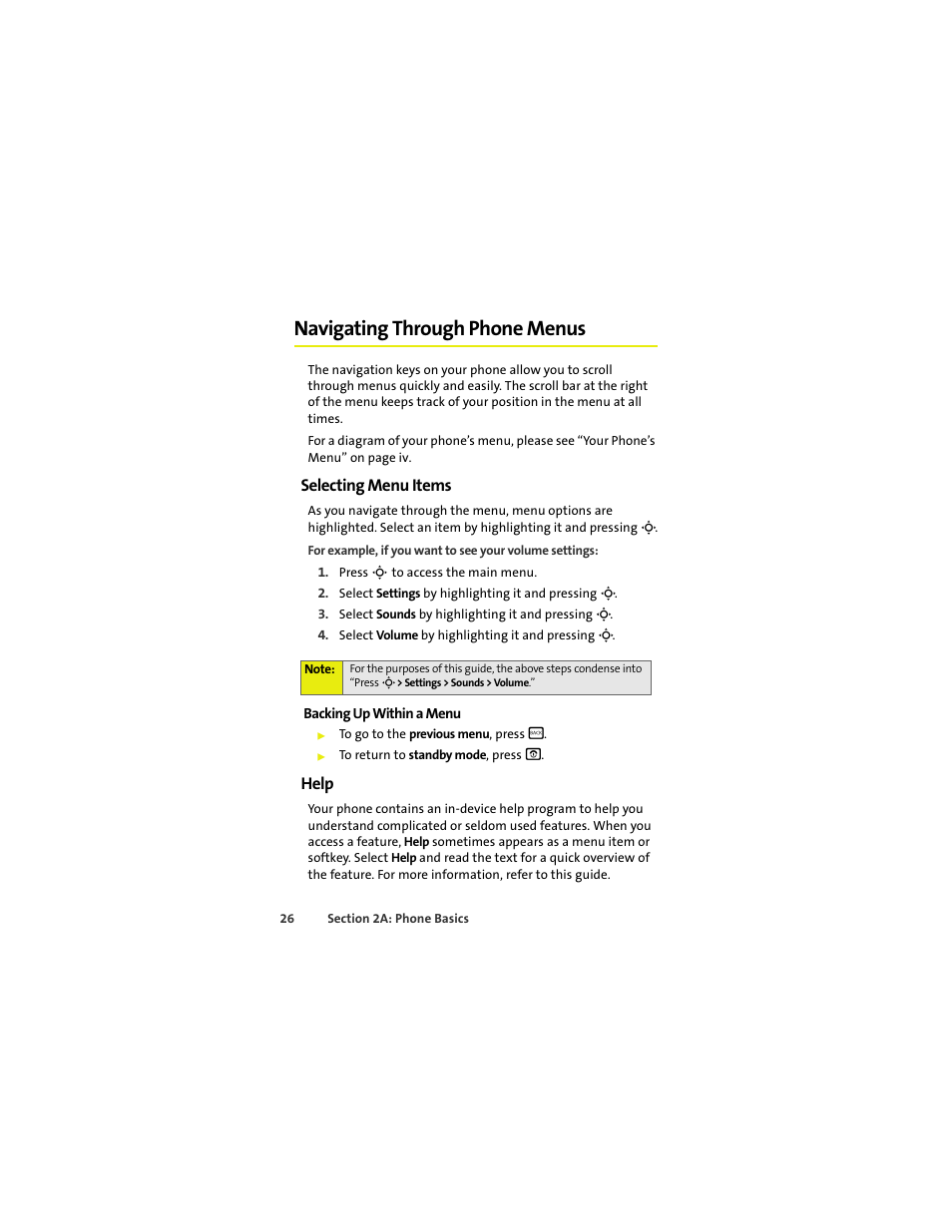 Navigating through phone menus, Selecting menu items, Help | Sprint Nextel MOTOKRZR K1M User Manual | Page 42 / 223