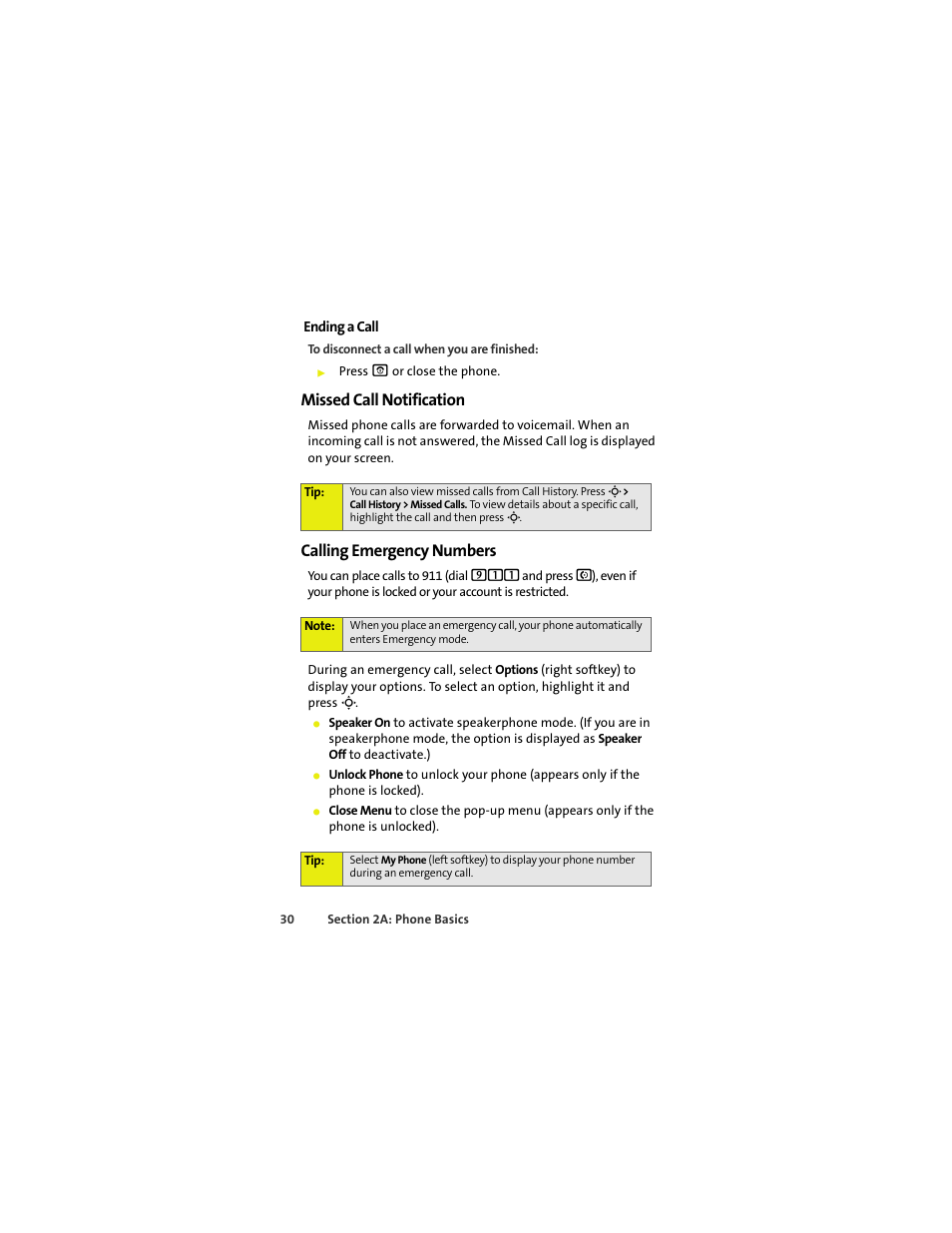 Missed call notification, Calling emergency numbers | Sprint Nextel MOTOKRZR K1M User Manual | Page 46 / 223