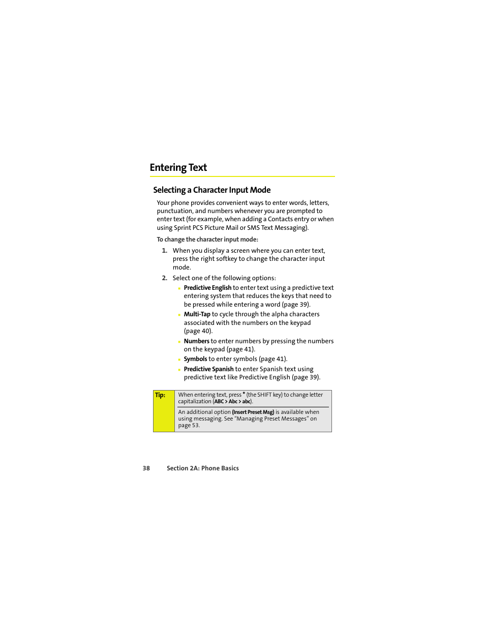 Entering text, Selecting a character input mode | Sprint Nextel MOTOKRZR K1M User Manual | Page 54 / 223