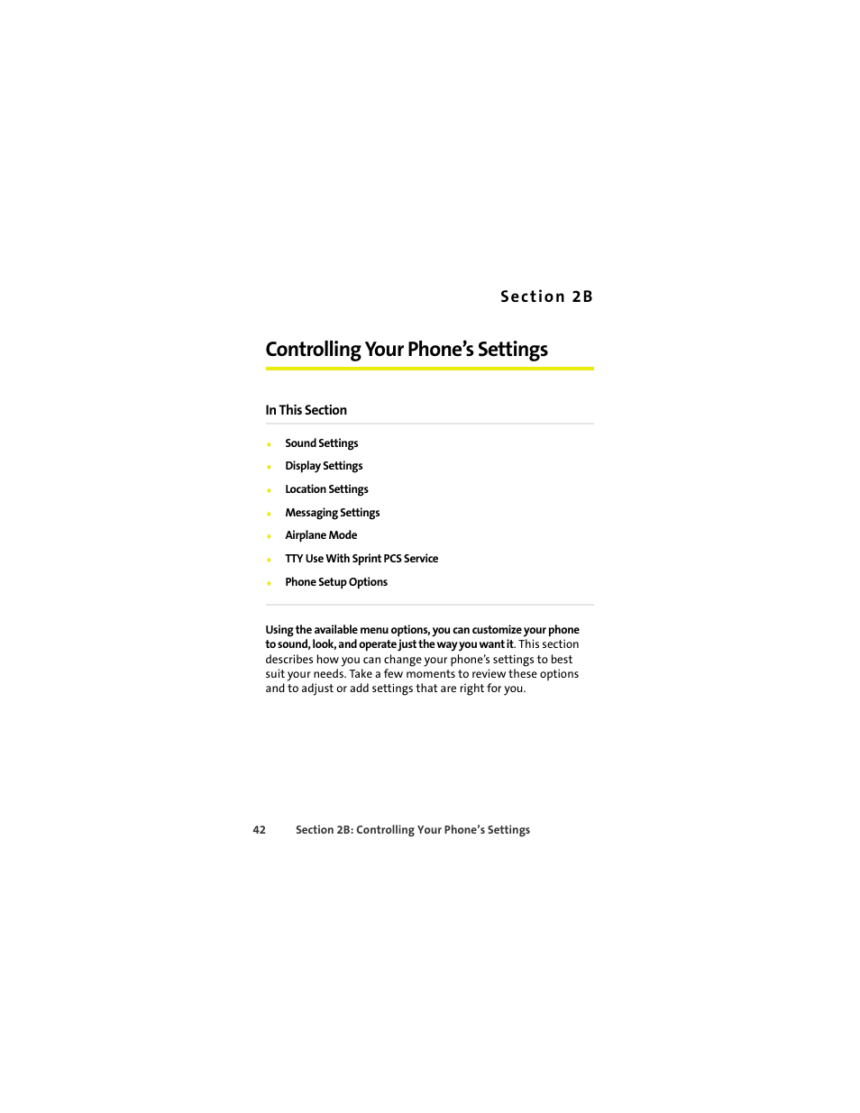 Controlling your phone’s settings, 2b. controlling your phone’s settings | Sprint Nextel MOTOKRZR K1M User Manual | Page 58 / 223