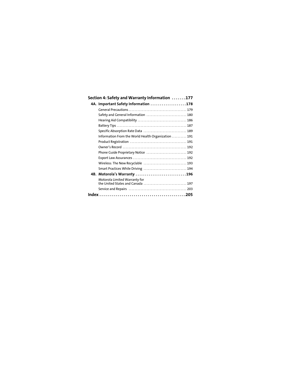 Section 4: safety and warranty information 177, 4a. important safety information 178, 4b. motorola’s warranty 196 | Sprint Nextel MOTOKRZR K1M User Manual | Page 6 / 223