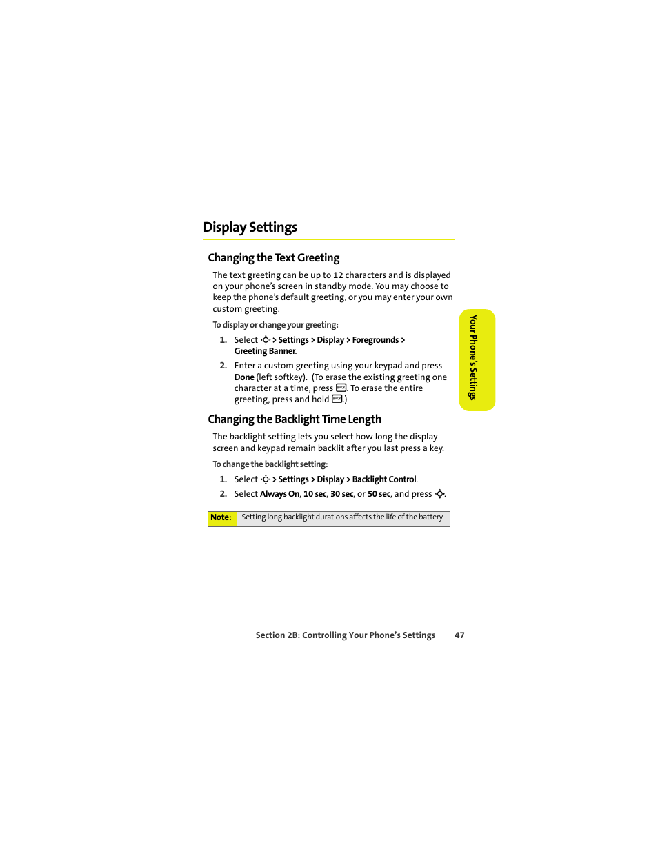 Display settings, Changing the text greeting, Changing the backlight time length | Sprint Nextel MOTOKRZR K1M User Manual | Page 63 / 223