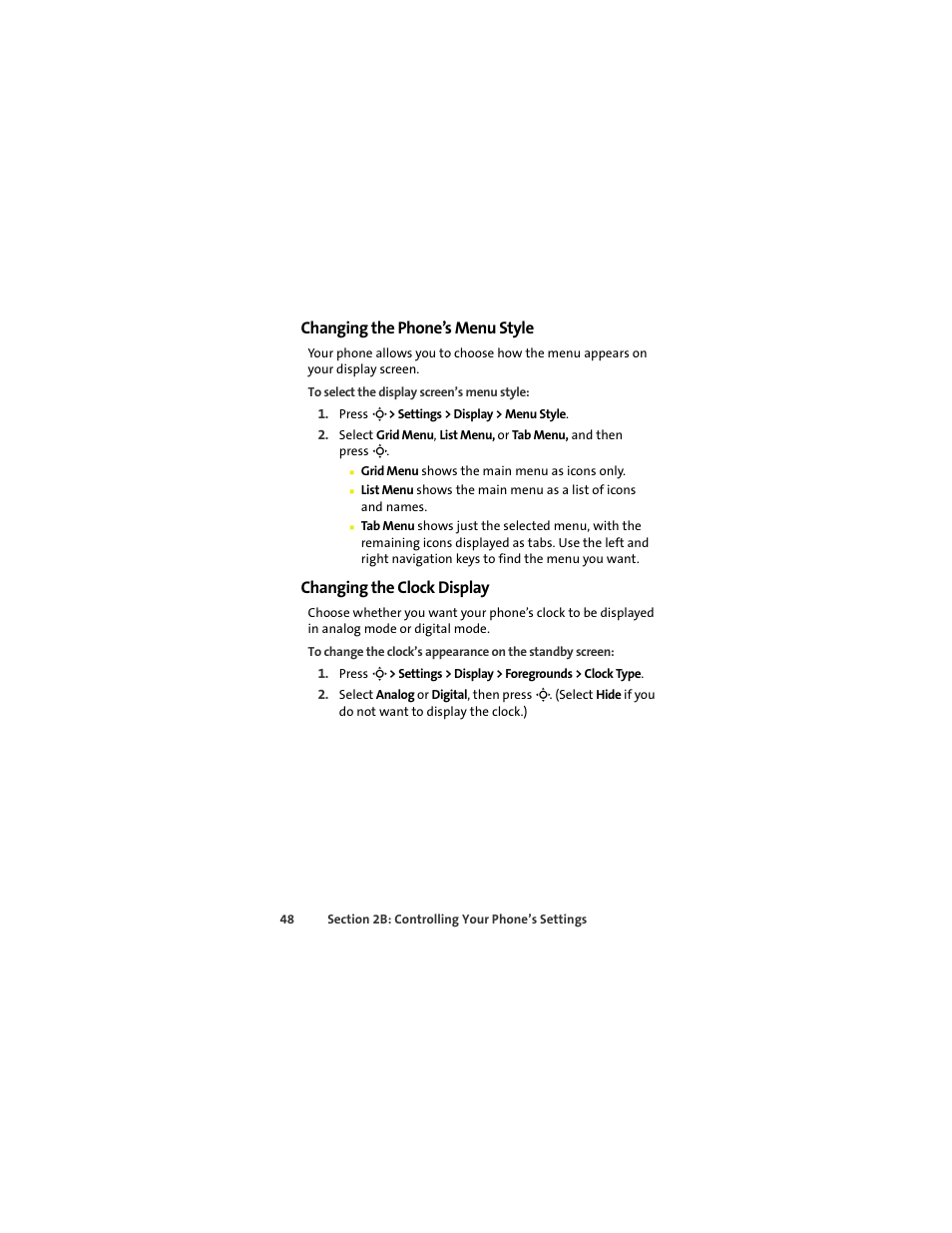 Changing the phone’s menu style, Changing the clock display | Sprint Nextel MOTOKRZR K1M User Manual | Page 64 / 223