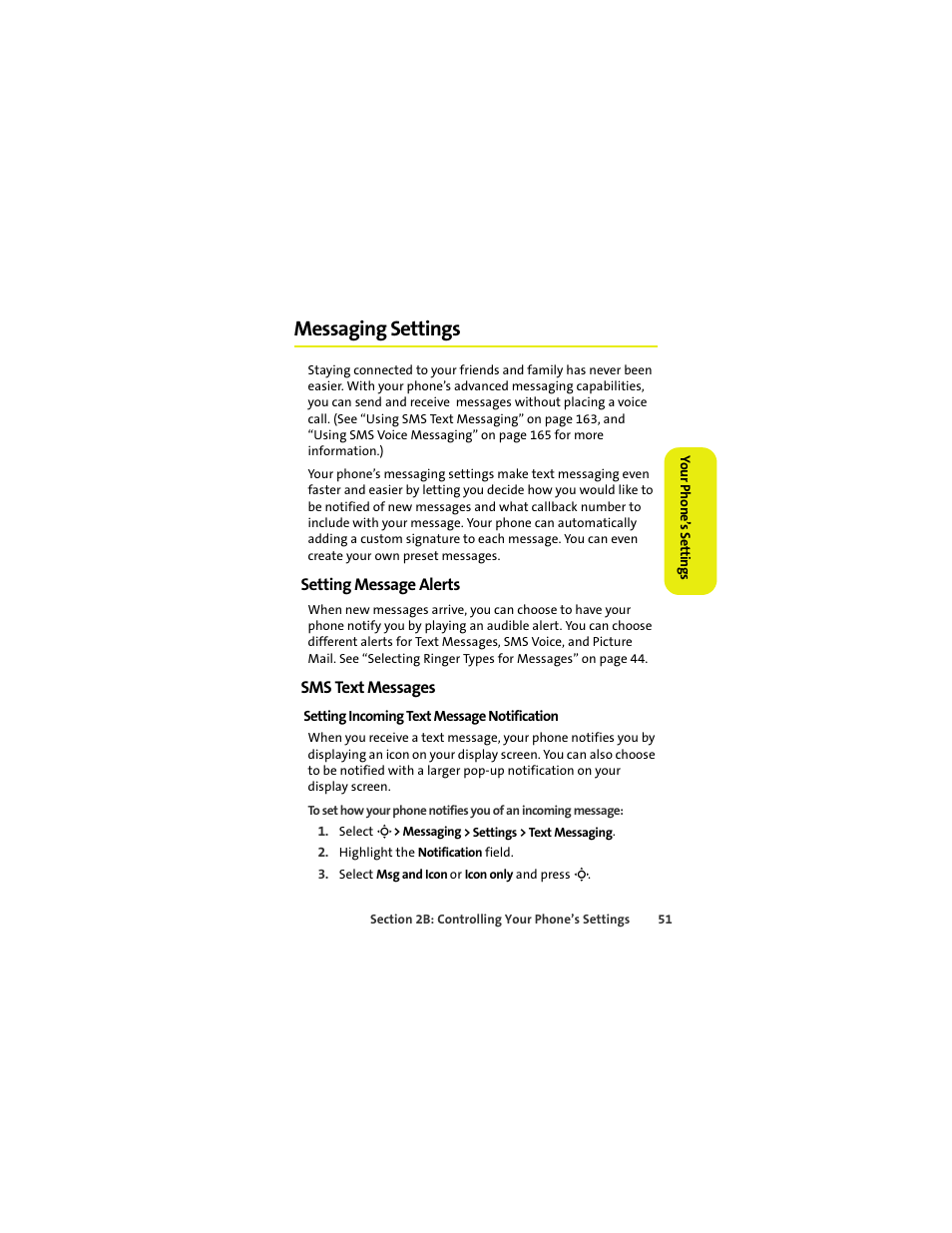 Messaging settings, Setting message alerts, Sms text messages | Sprint Nextel MOTOKRZR K1M User Manual | Page 67 / 223