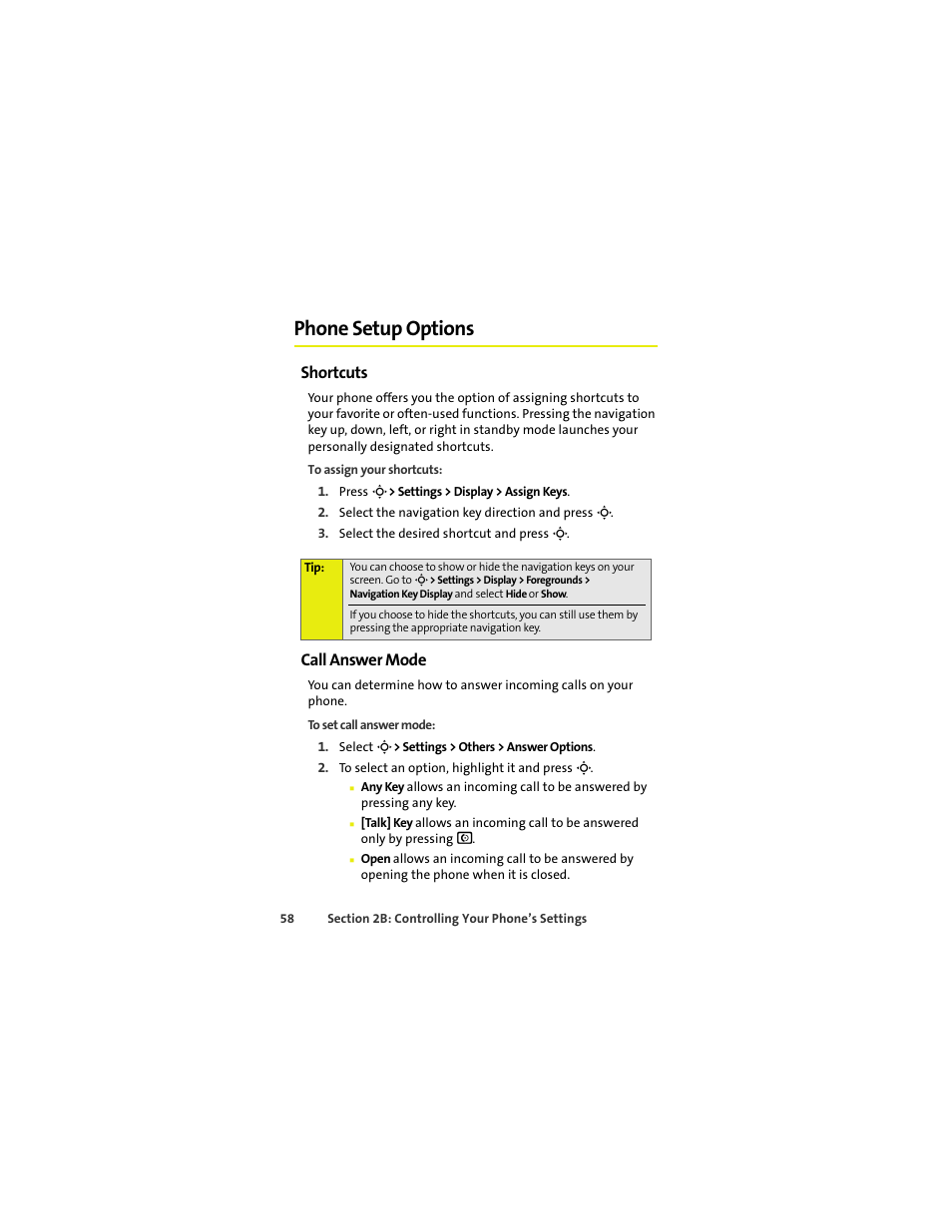 Phone setup options, Shortcuts, Call answer mode | Sprint Nextel MOTOKRZR K1M User Manual | Page 74 / 223