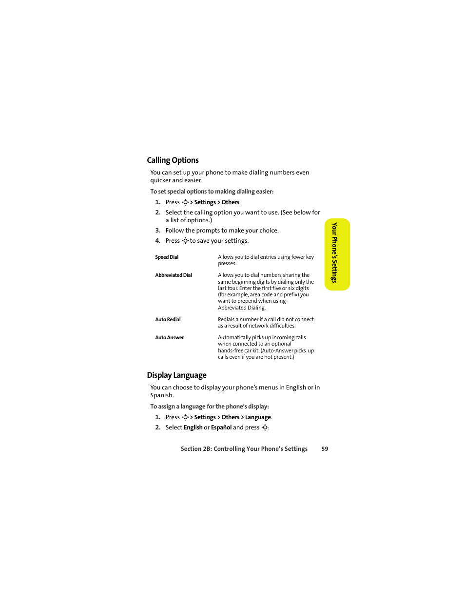 Calling options, Display language | Sprint Nextel MOTOKRZR K1M User Manual | Page 75 / 223