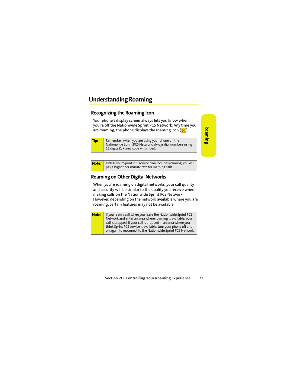 Understanding roaming, Recognizing the roaming icon, Roaming on other digital networks | Sprint Nextel MOTOKRZR K1M User Manual | Page 89 / 223
