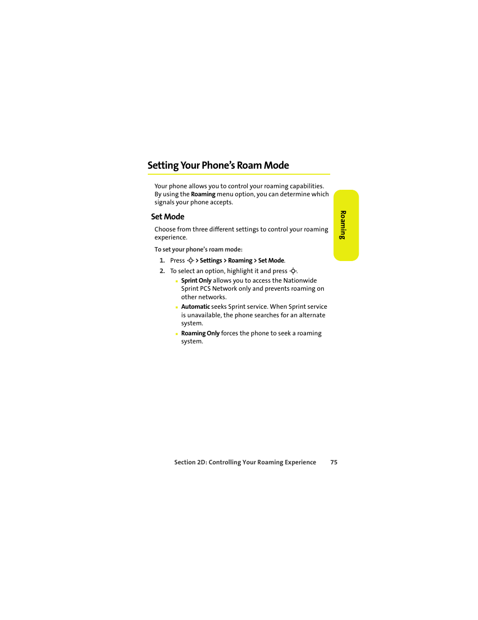 Setting your phone’s roam mode, Set mode | Sprint Nextel MOTOKRZR K1M User Manual | Page 91 / 223