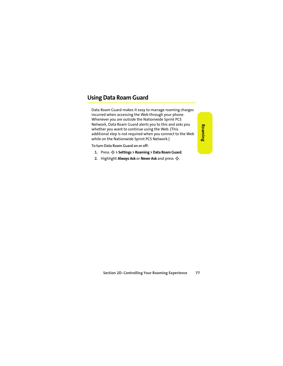 Using data roam guard | Sprint Nextel MOTOKRZR K1M User Manual | Page 93 / 223