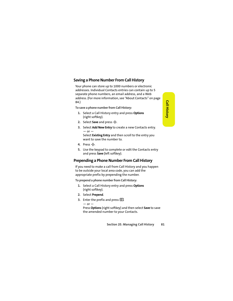 Saving a phone number from call history, Prepending a phone number from call history | Sprint Nextel MOTOKRZR K1M User Manual | Page 97 / 223