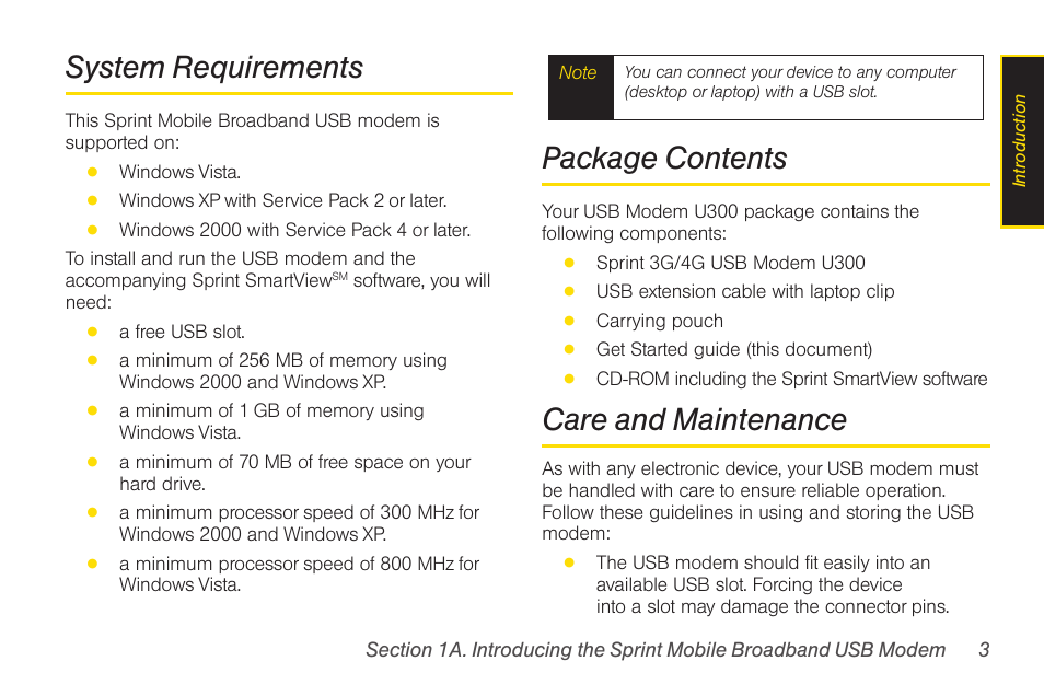System requirements, Package contents, Care and maintenance | Sprint Nextel U300 User Manual | Page 11 / 32