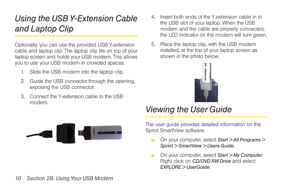 Viewing the user guide, Using the usb y-extension cable and laptop clip | Sprint Nextel U300 User Manual | Page 18 / 32