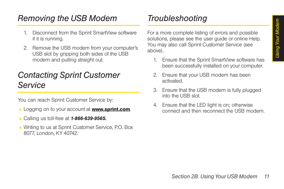 Troubleshooting, Contacting sprint customer service, Removing the usb modem | Sprint Nextel U300 User Manual | Page 19 / 32