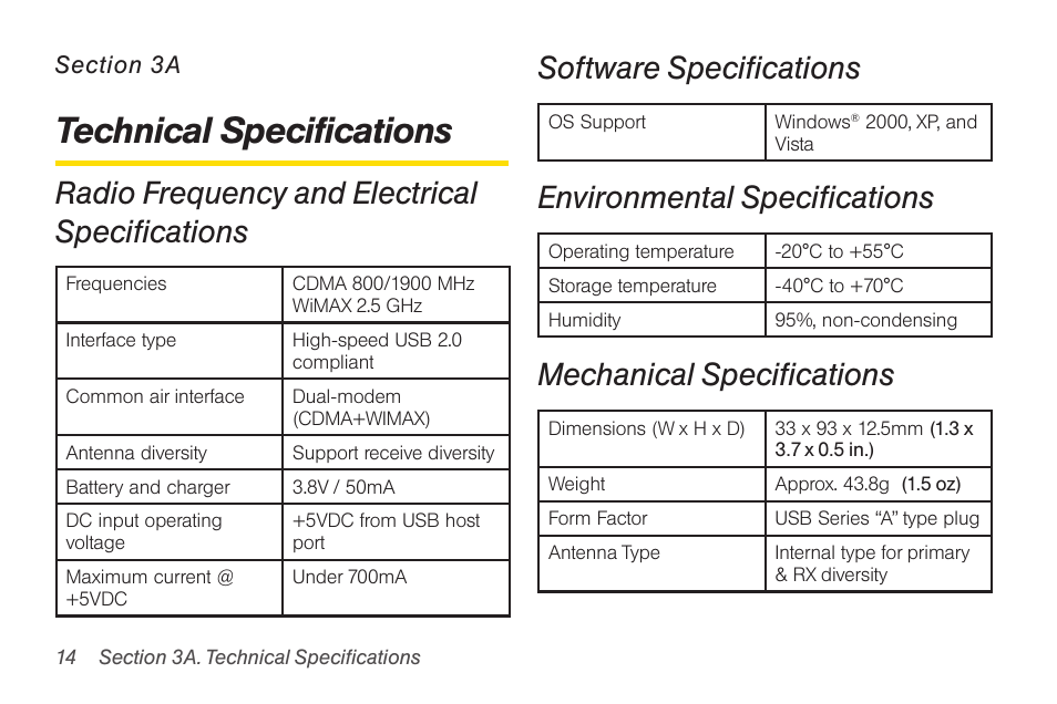 Technical specifications, Radio frequency and electrical specifications, Software specifications | Environmental specifications, Mechanical specifications | Sprint Nextel U300 User Manual | Page 22 / 32