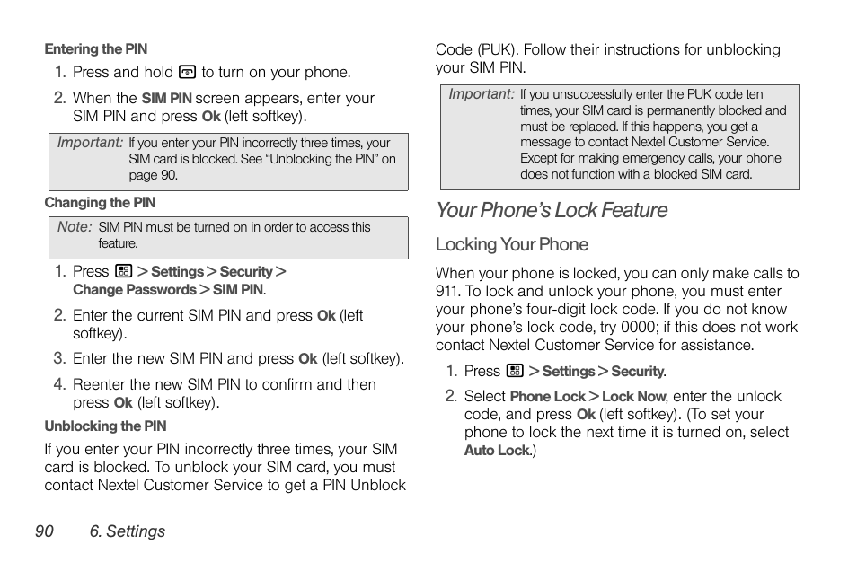 Your phone’s lock feature | Sprint Nextel BRUTE I686 User Manual | Page 104 / 199