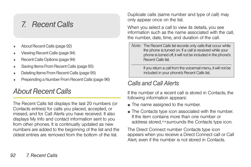 Recent calls, About recent calls, Calls and call alerts | Sprint Nextel BRUTE I686 User Manual | Page 106 / 199