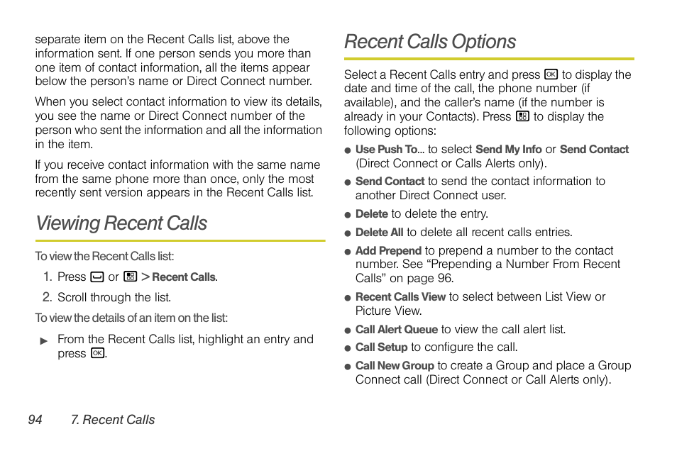 Viewing recent calls, Recent calls options | Sprint Nextel BRUTE I686 User Manual | Page 108 / 199