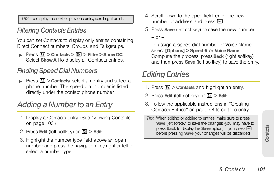 Filtering contacts entries, Finding speed dial numbers, Adding a number to an entry | Editing entries | Sprint Nextel BRUTE I686 User Manual | Page 115 / 199