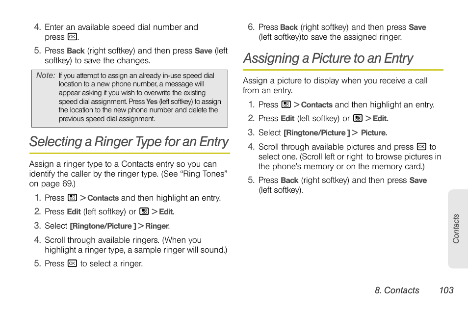 Selecting a ringer type for an entry, Assigning a picture to an entry | Sprint Nextel BRUTE I686 User Manual | Page 117 / 199