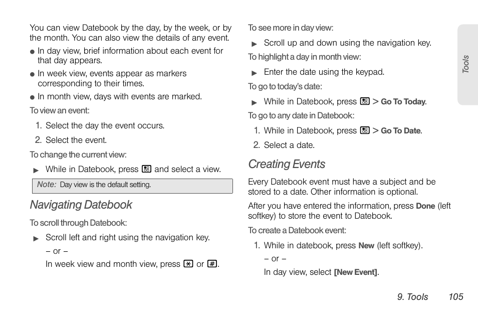 Navigating datebook, Creating events | Sprint Nextel BRUTE I686 User Manual | Page 119 / 199