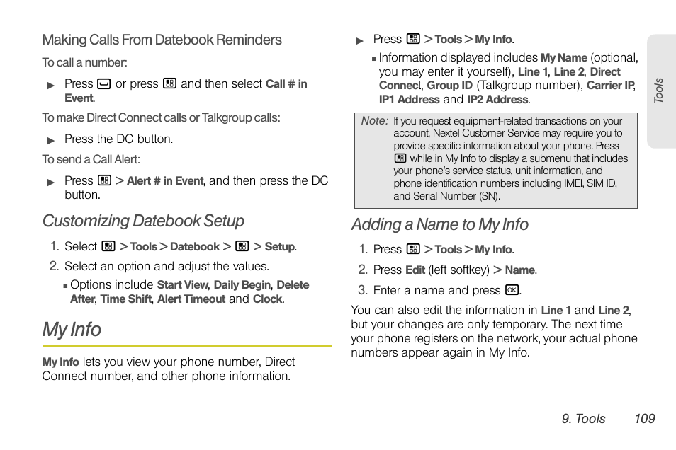Customizing datebook setup, My info, Adding a name to my info | Sprint Nextel BRUTE I686 User Manual | Page 123 / 199