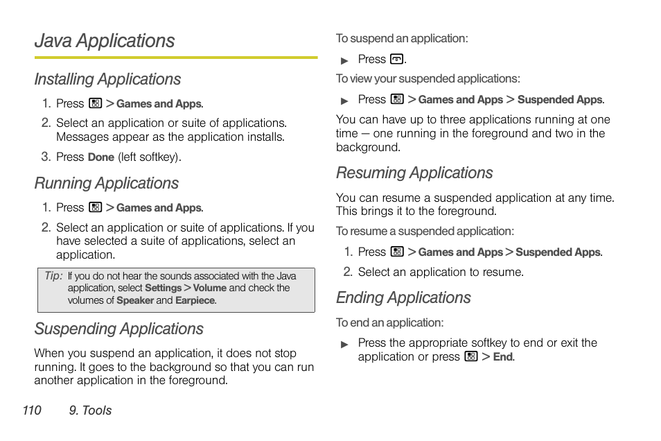 Java applications, Installing applications, Running applications | Suspending applications, Resuming applications, Ending applications | Sprint Nextel BRUTE I686 User Manual | Page 124 / 199