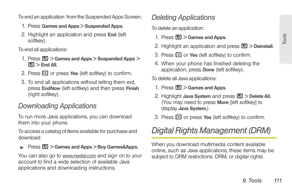 Downloading applications, Deleting applications, Digital rights management (drm) | Sprint Nextel BRUTE I686 User Manual | Page 125 / 199