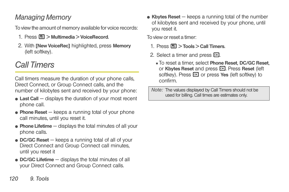 Managing memory, Call timers | Sprint Nextel BRUTE I686 User Manual | Page 134 / 199