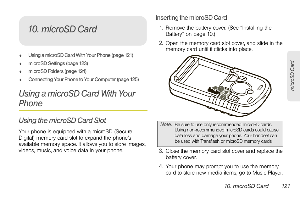 Microsd card, Using a microsd card with your phone, Using the microsd card slot | Sprint Nextel BRUTE I686 User Manual | Page 135 / 199