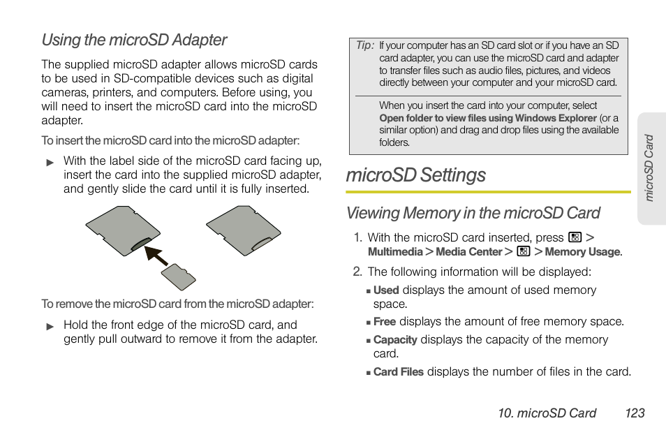 Using the microsd adapter, Microsd settings, Viewing memory in the microsd card | Sprint Nextel BRUTE I686 User Manual | Page 137 / 199