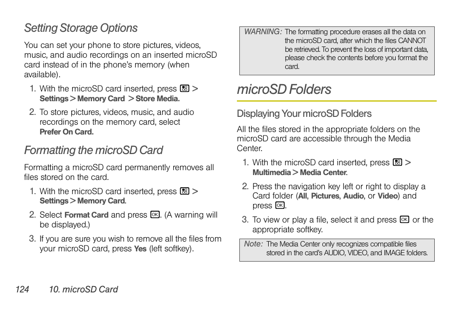 Setting storage options, Formatting the microsd card, Microsd folders | Sprint Nextel BRUTE I686 User Manual | Page 138 / 199