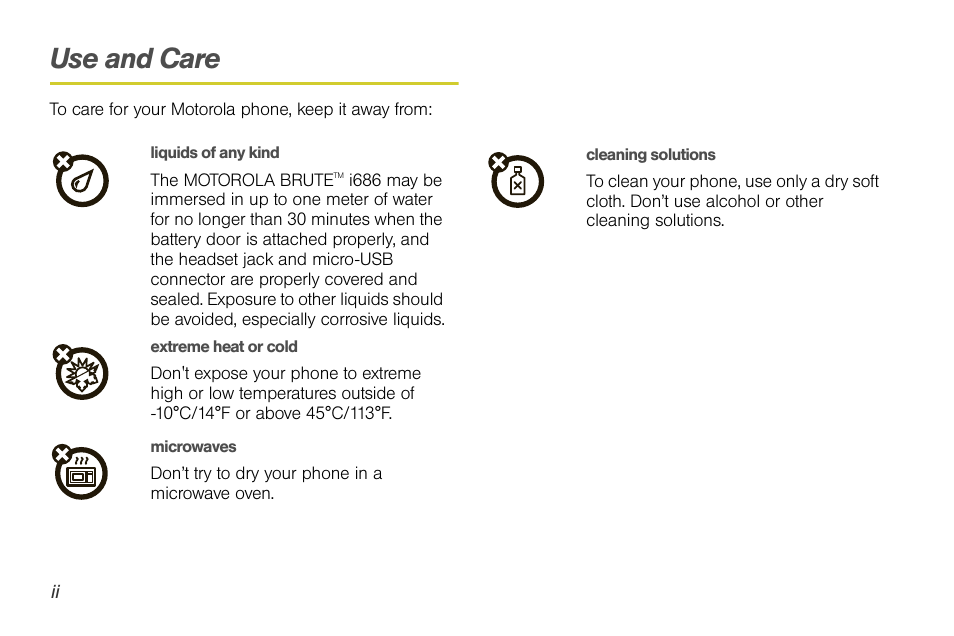 Use and care | Sprint Nextel BRUTE I686 User Manual | Page 14 / 199