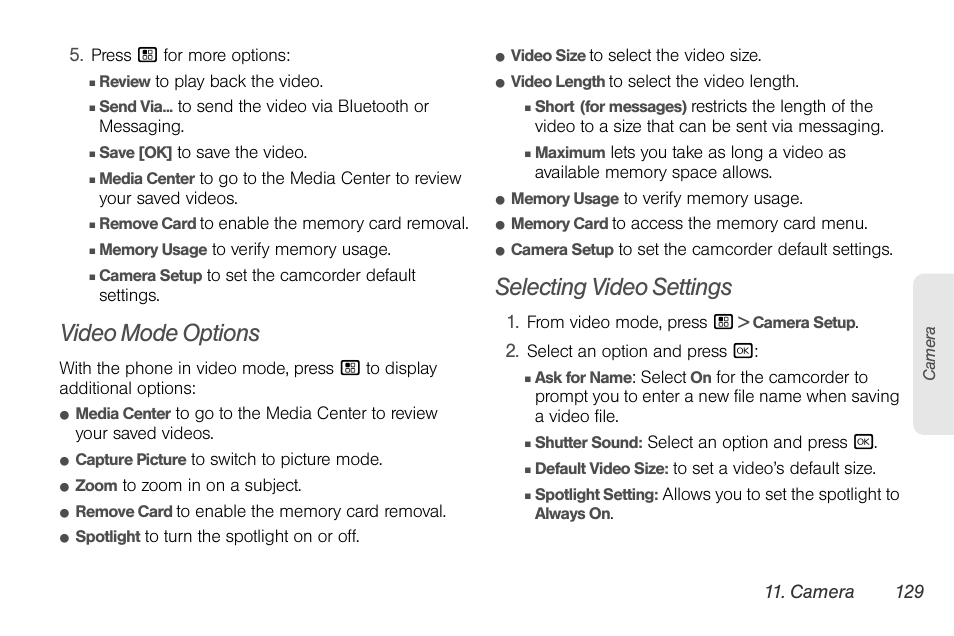 Video mode options, Selecting video settings | Sprint Nextel BRUTE I686 User Manual | Page 143 / 199