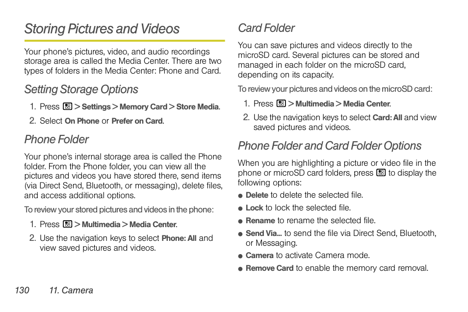 Storing pictures and videos, Setting storage options, Phone folder | Card folder, Phone folder and card folder options | Sprint Nextel BRUTE I686 User Manual | Page 144 / 199