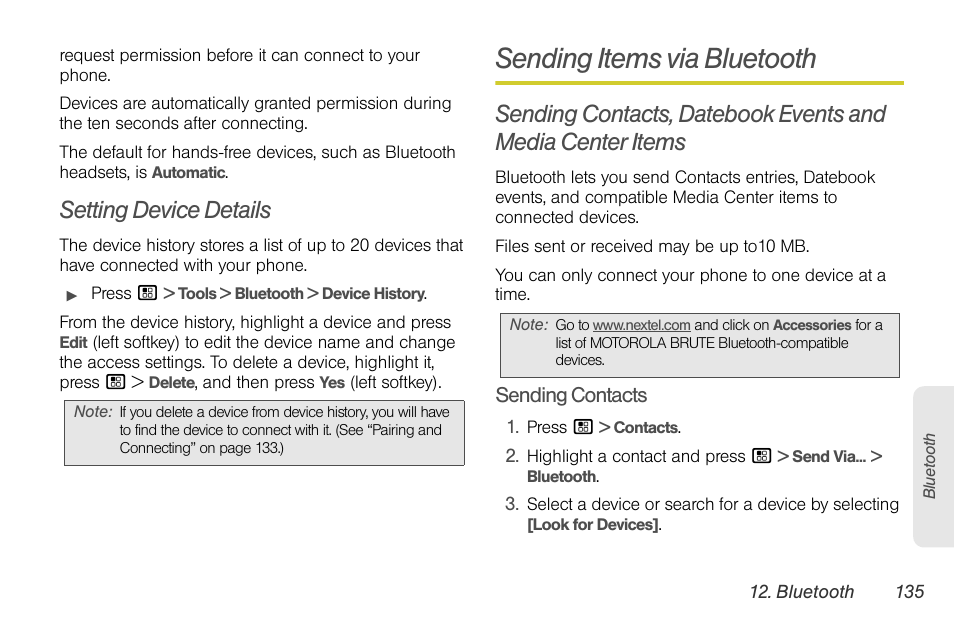 Setting device details, Sending items via bluetooth | Sprint Nextel BRUTE I686 User Manual | Page 149 / 199