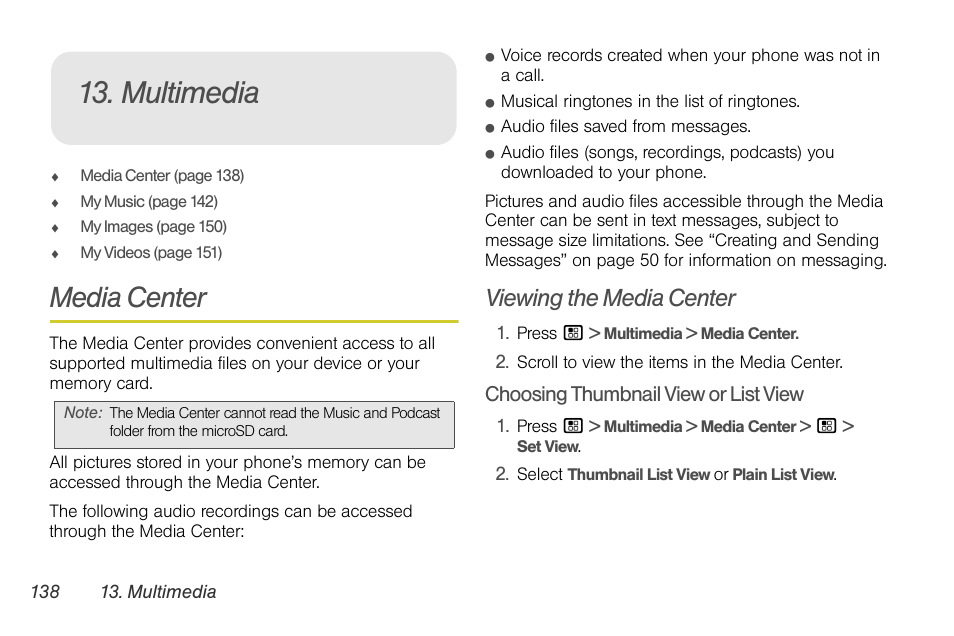 Multimedia, Media center, Viewing the media center | Sprint Nextel BRUTE I686 User Manual | Page 152 / 199