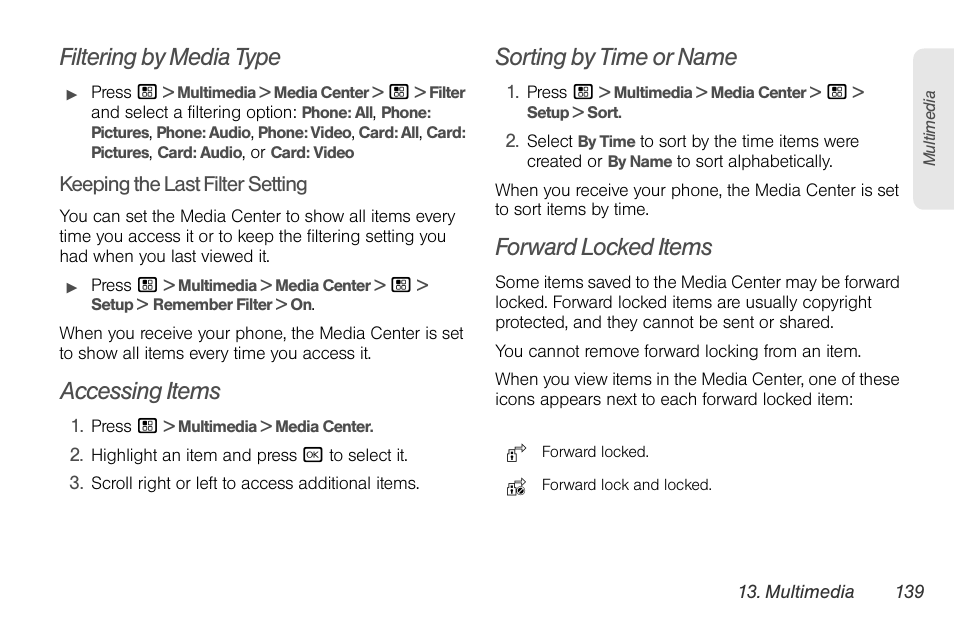 Filtering by media type, Accessing items, Sorting by time or name | Forward locked items | Sprint Nextel BRUTE I686 User Manual | Page 153 / 199