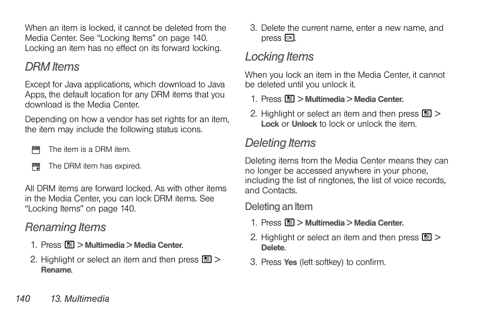 Drm items, Renaming items, Locking items | Deleting items | Sprint Nextel BRUTE I686 User Manual | Page 154 / 199