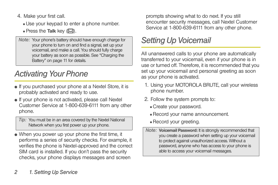 Activating your phone, Setting up voicemail | Sprint Nextel BRUTE I686 User Manual | Page 16 / 199