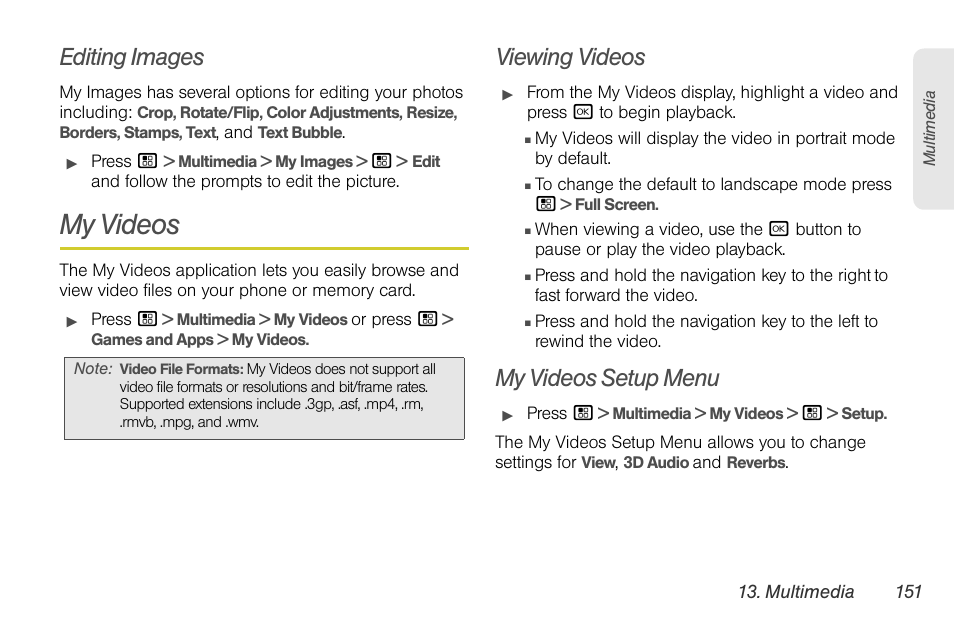 Editing images, My videos, Viewing videos | My videos setup menu | Sprint Nextel BRUTE I686 User Manual | Page 165 / 199