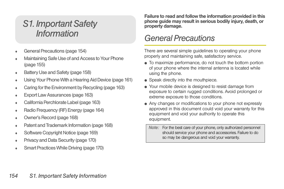 S1. important safety information, General precautions | Sprint Nextel BRUTE I686 User Manual | Page 168 / 199