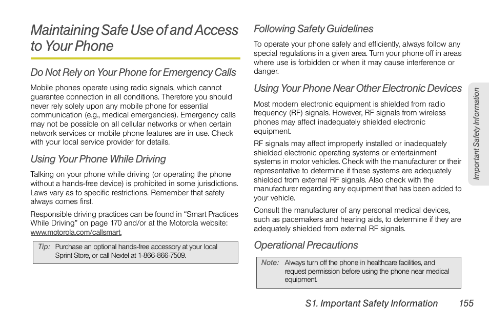 Maintaining safe use of and access to your phone, Do not rely on your phone for emergency calls, Using your phone while driving | Following safety guidelines, Using your phone near other electronic devices, Operational precautions | Sprint Nextel BRUTE I686 User Manual | Page 169 / 199