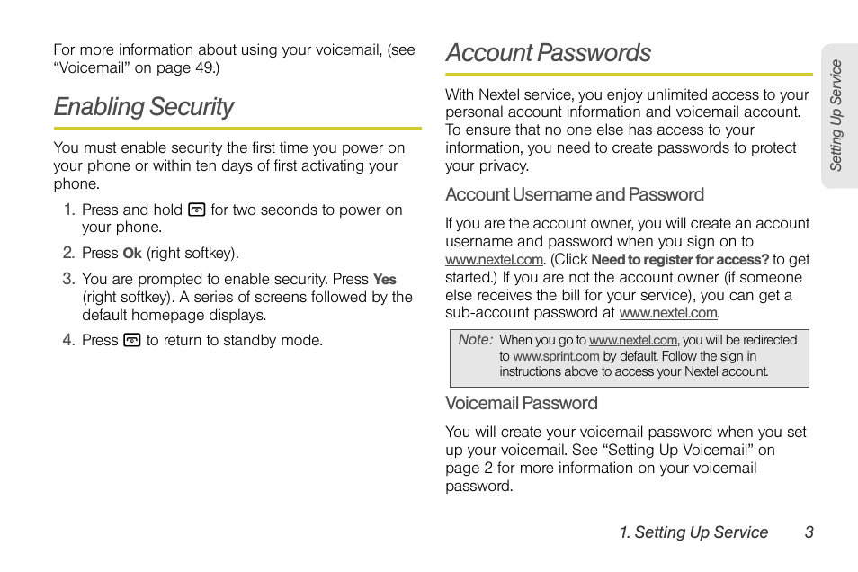 Enabling security, Account passwords | Sprint Nextel BRUTE I686 User Manual | Page 17 / 199